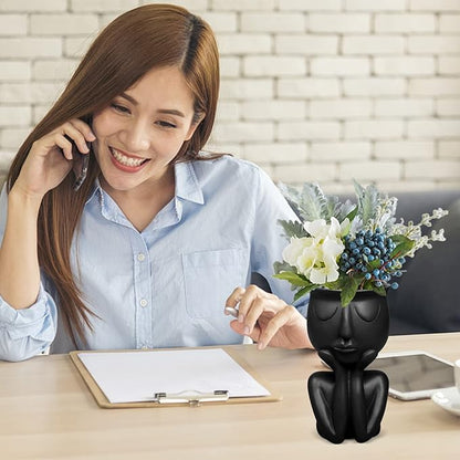 Simple and Creative Decorative Flower Pots, Resin Face Planter Pots, Vase for Small Succulent, Flower Pot Pencil Pen Holder, Minimalist Decorative, Modern Vases for Home Office Shelf Decor (Black)