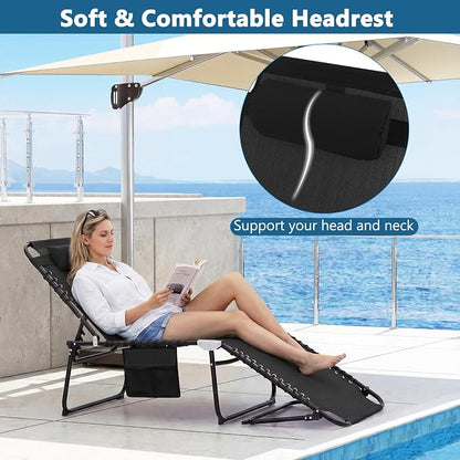 COSTWAY Folding Chaise Lounge Chair, Foldable Pool Lounger with 4-Position Adjustable Backrest, 2-Position Footrest & Soft Pillow, Patio Tanning Chair for Beach, Poolside (1, Black)