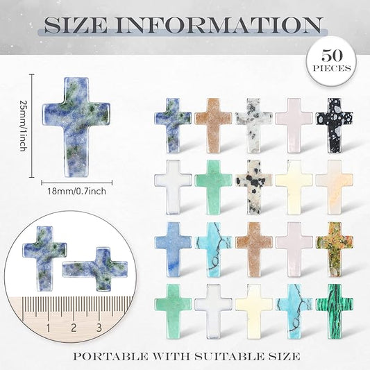 Nuenen 50 Pcs Cross Charm for Women Man Celebration Grad Decor Crystal Pocket Cross Necklace Natural Worry Stone Gift for Jewelry Making Craft Festival Decor(0.71 x 0.98 x 0.24 Inch,Fresh)