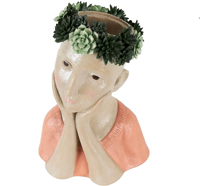 Deco 79 Resin Woman Indoor Outdoor Planter Bust Large Planter Pot with Succulent Crown and Orange Top, Planter 10" x 8" x 17", Beige