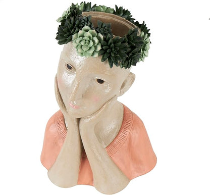 Deco 79 Resin Woman Indoor Outdoor Planter Bust Large Planter Pot with Succulent Crown and Orange Top, Planter 10" x 8" x 17", Beige