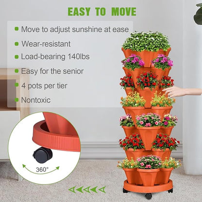 Vertical Strawberry Planter 7 Tier Stackable Tower Herb Planters Stacking Outdoor Garden Red Planters Pot with Tools Mover for Growing Flowers, Vegetables and Succulents