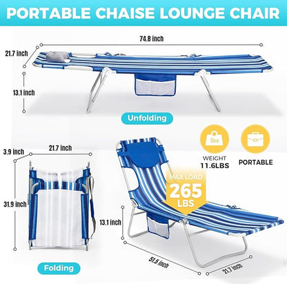 #WEJOY Folding Tanning Chair with Face Hole, 5 Positions Face Down Beach Lounge Chairs with Pillow for Outside Sunbathing Poolside (Blue/White)