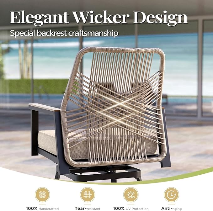 7 Piece Outdoor Bar Set, Swivel Counter Height Bar Stools with 40" Table, Wicker High Top Outdoor Table and Chairs with Cushion, Patio Barstool Set for Porch, Pool and Deck, Beige