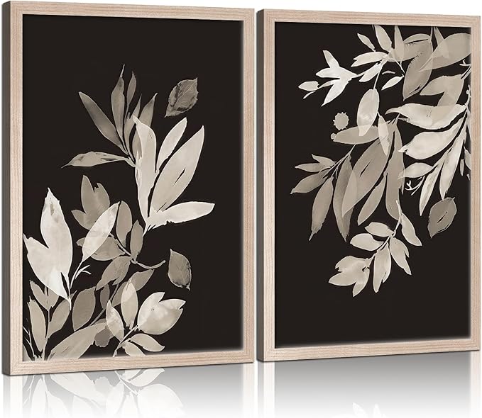 Framed Vintage Canvas Wall Art Botanical Leaves Poster Picture Countryside Painting Nature Landscape Modern Home Print Living Room Gallery Office Ready to Hang 12x16 inches x2