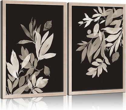 Framed Vintage Canvas Wall Art Botanical Leaves Poster Picture Countryside Painting Nature Landscape Modern Home Print Living Room Gallery Office Ready to Hang 12x16 inches x2