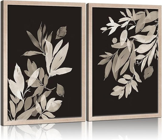 Framed Vintage Canvas Wall Art Botanical Leaves Poster Picture Countryside Painting Nature Landscape Modern Home Print Living Room Gallery Office Ready to Hang 12x16 inches x2