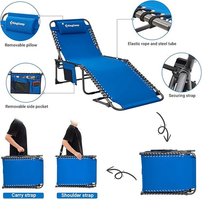 KingCamp 2 Pack Lounge Chair Outdoor, Folding Portable Tanning Chairs Comfy Adjustable 5-Position Lay Flat Foldable Chaise Chaser Lounger with Pillow for Outside Beach Patio Sun Bathing Pool, Blue