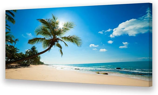 Muolunna ARX0650 Large Canvas Wall Art Summer Ocean Waves Prints Coconut Trees Beach Seascape Painting Hawaii Sea Nature Pictures Stretched and Framed for Living Room Home Office Wall Decor Artwork
