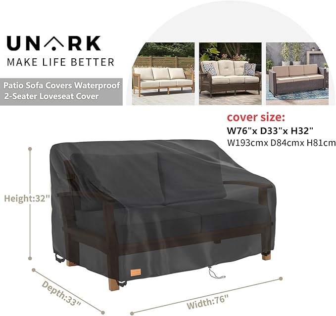 Outdoor 3-Seater Sofa Cover,Heavy Duty Patio Furniture Covers Waterproof, 76W x 33D x 32H Inches Outdoor Couch Cover Waterproof Couch Covers for Outdoor Furniture,Black