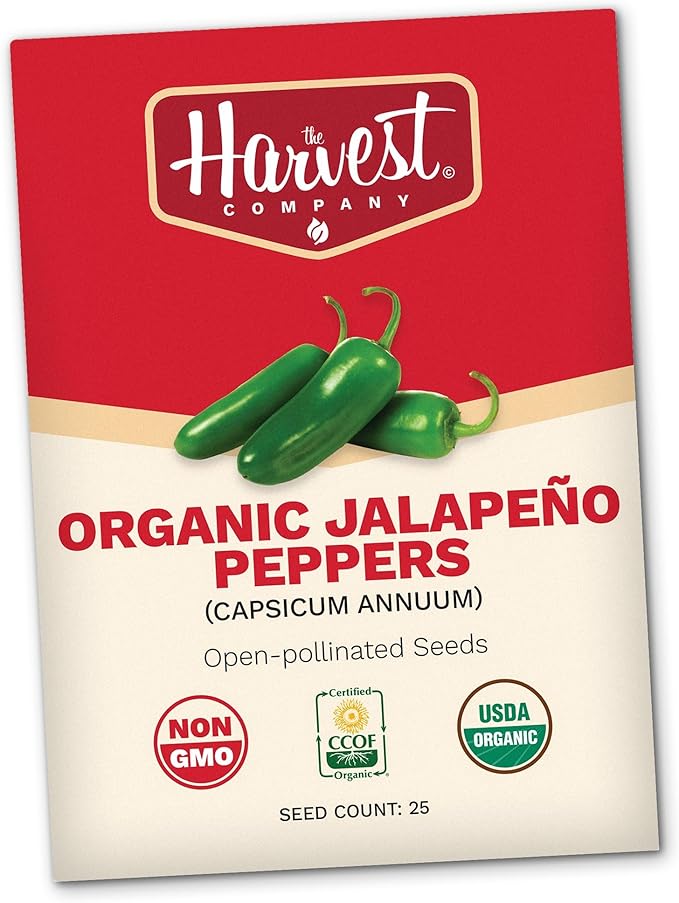 The Harvest Company Organic Jalapeño Pepper, Non-GMO, Certified USDA Organic, Open-Pollinated, Garden Seeds for Indoor Outdoor Planting, 25 Seeds