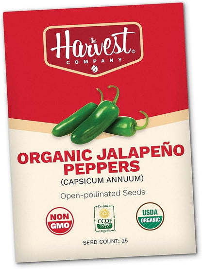 The Harvest Company Organic Jalapeño Pepper, Non-GMO, Certified USDA Organic, Open-Pollinated, Garden Seeds for Indoor Outdoor Planting, 25 Seeds