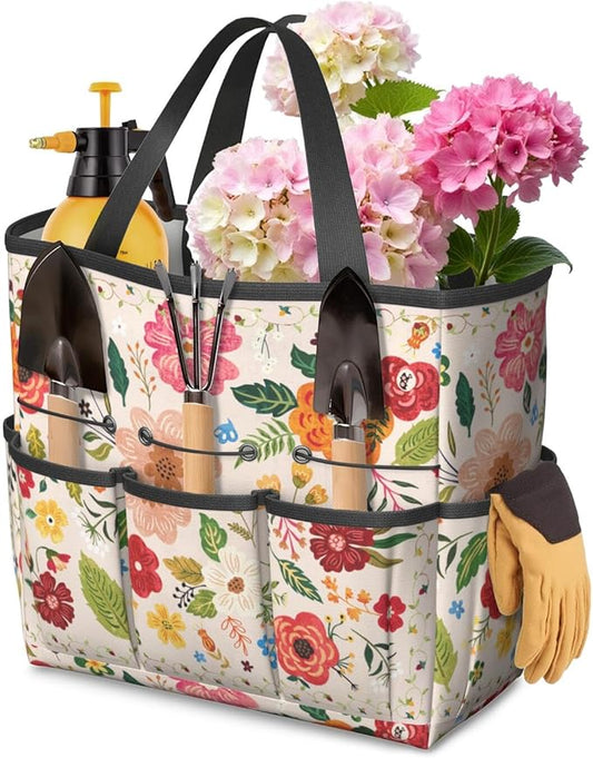 Boho Garden Tool Bag - Waterproof Floral Garden Tote with 8 Pockets, Large Storage Home Organizer Gardening Tool Oxford Bag for Garden Tools Kits Holder, Ideal Outdoor Gardening Gift for Women & Men