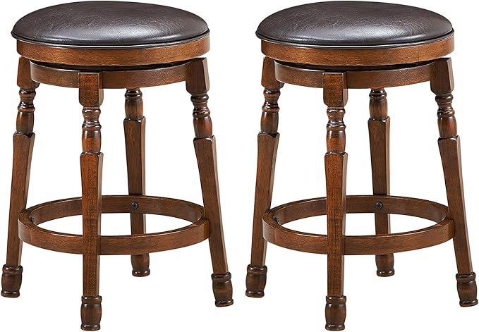 ERGOMASTER 24 Inch Swivel Bar Stools Set of 2, Rubber Wood, Brown