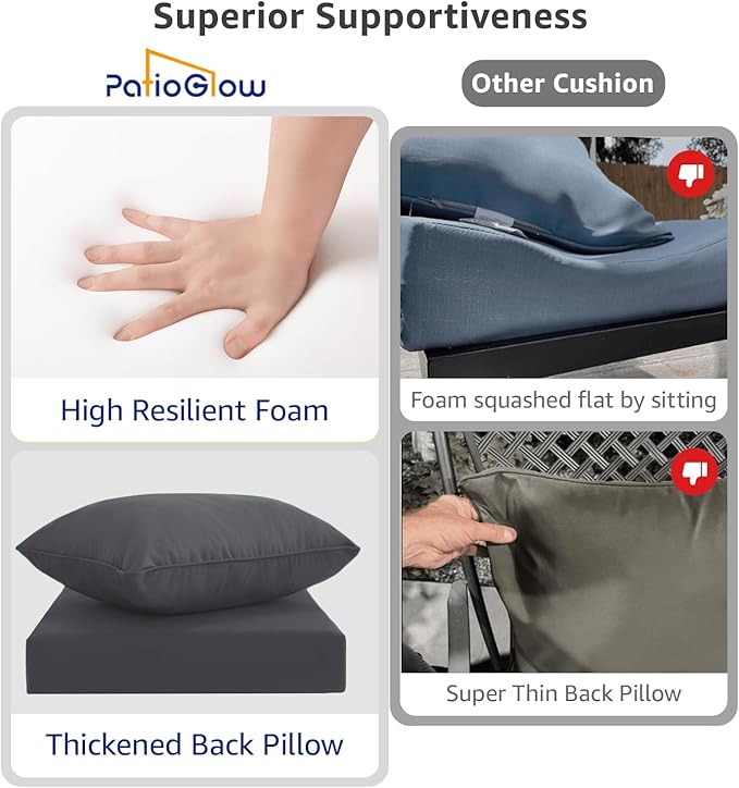 PatioGlow Outdoor Seat Cushion Set 22 x 24 x 4 Inch, Waterproof & Fade Resistant Patio Furniture Cushions with Removable Cover and Ties, Thick Deep Seating Pads for Outside Chair Sofa Couch, Grey