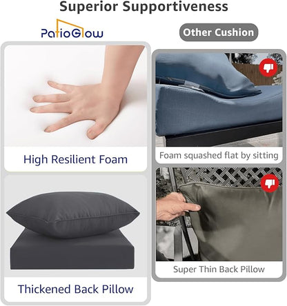 PatioGlow Outdoor Seat Cushion Set 22 x 24 x 4 Inch, Waterproof & Fade Resistant Patio Furniture Cushions with Removable Cover and Ties, Thick Deep Seating Pads for Outside Chair Sofa Couch, Grey