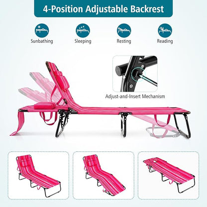 GYMAX Tanning Chair, 330lbs Beach Lounge Chair with Face Hole, Detachable Washable Pillow & Carry Strap, Adjustable Folding Lounger, Layout Chair for Outside, Patio, Poolside, Lawn (2, Hot Pink)