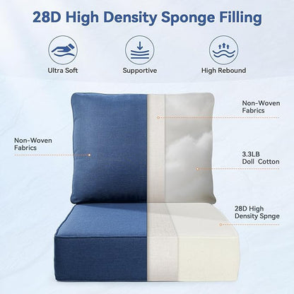 Luxury 6" Outdoor Cushions for Patio Furniture, 24x24x6" Thick Seat Cushion Set of 6, Fade Resistant Couch Chair Replacement Cushions High Density Deep Wicker Chair Cushion w/ Removable Cover, Blue