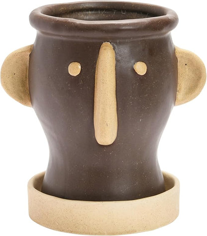 Creative Co-Op Stoneware Face Planter with Saucer, Brown & Cream Color, Holds 4" Pot