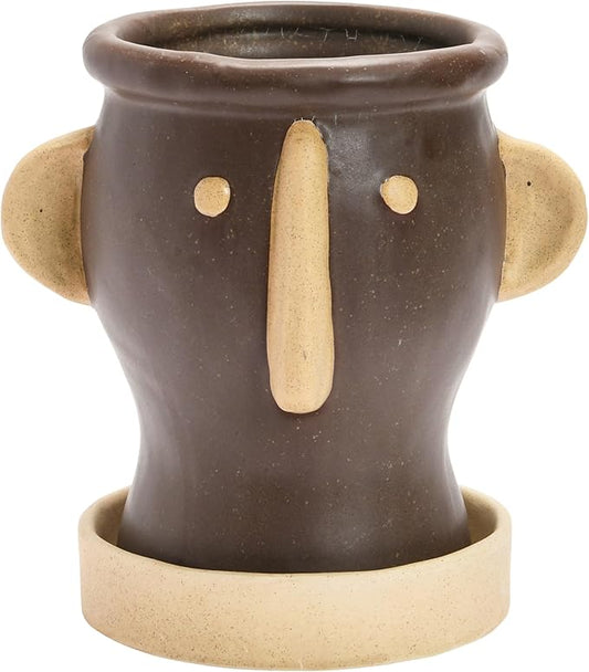 Creative Co-Op Stoneware Face Planter with Saucer, Brown & Cream Color, Holds 4" Pot
