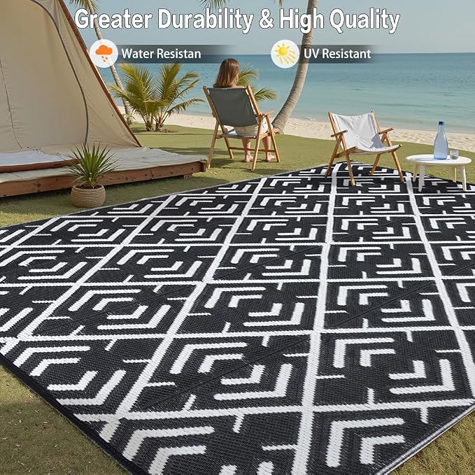 HUGEAR RV Outdoor Rug Waterproof Mat Outdoor Rugs 6'x9' for Patios Clearance Carpet Outdoor Camping Rugs Large Plastic Straw Rug(Geometric Black&White)