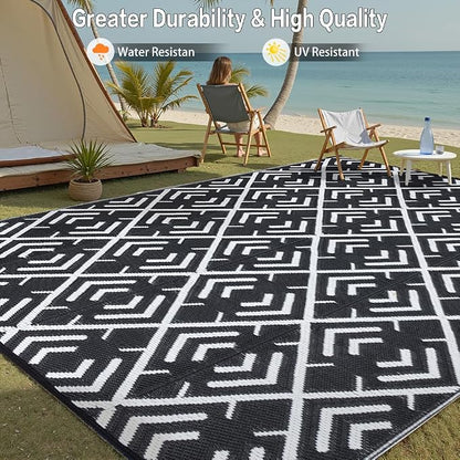 HUGEAR Outdoor Rug Mats, Large Waterproof Outdoor Area Rug, Reversible Portable Outdoor Plastic Straw Carpet for RV Deck Camping Front Door Indoor Outside Porch Picnic (5x8ft Geometric Black&White)