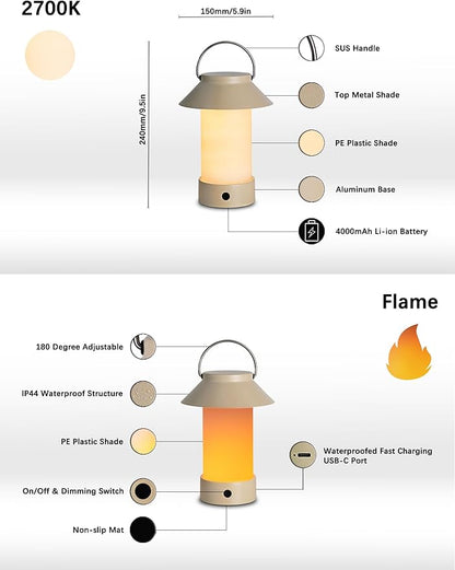 Rechargeable Outdoor Lantern Waterproof, Dimmable Warm White & Flickering Flame Mood Light, Portable Cordless Table Lamp for Patio/Camping/Shower/Emergency Power Outage (Coffee)