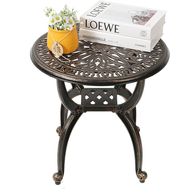 C/G patio casa C/G Cast Aluminum Side Table,Decorative Outdoor End Table, Ornate Floral Pattern (Round, Copper)