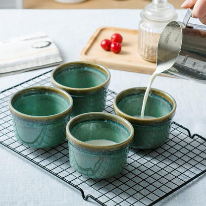 8 oz Ceramic Ramekins Set of 4, Individual Baking Cups | Reactive Glaze, Oven Safe, Ideal for Creme Brulee, Souffle, Custards, Dips & Appetizers