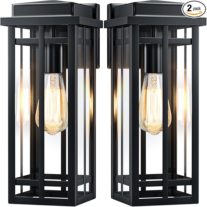 13.8'' Outdoor Wall Light Fixtures 2 Packs, Black Porch Lights Outdoor Lighting for House, Exterior Lighting Fixtures Wall Lanterns, Waterproof Modern Outside Sconce Lights for Patio Garage(No Sensor)