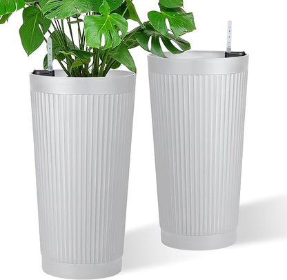 TUYOHW 2-Pack 24in Round Plastic Planters with Self-Watering System and Vertical Ribbed Design – Perfect for Home, Patio, Garden Plants