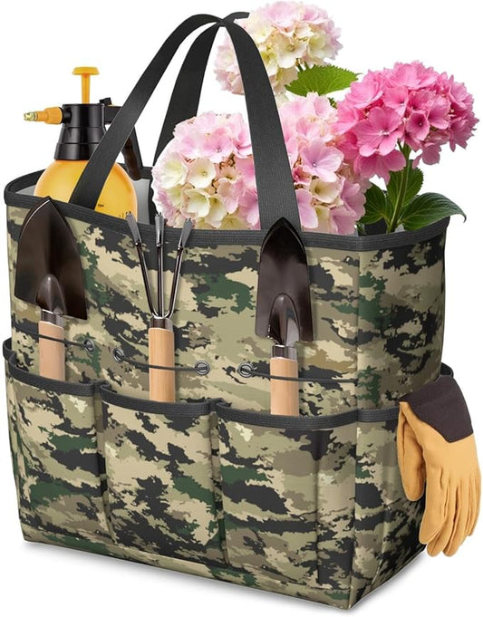 Green Camo Garden Tool Bag - Waterproof Garden Tote with 8 Pockets, Large Storage Home Organizer Gardening Tool Oxford Bag for Garden Tools Kits Holder, Ideal Outdoor Gardening Gift for Women & Men