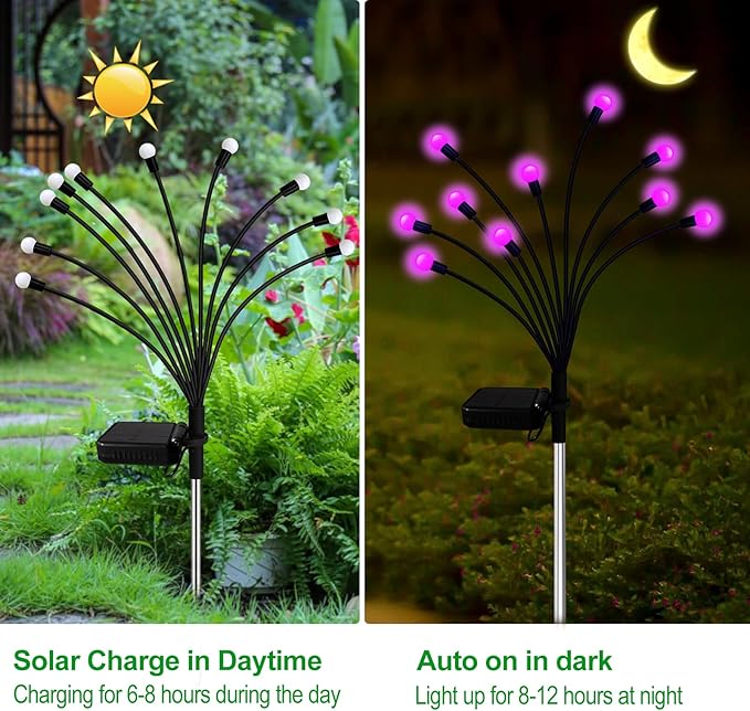 Kohlrabi Solar Garden Lights Outdoor, 2 Pack 16 LED Solar Pink Firefly Lights Waterproof, Sway by Wind, Swaying Light for Yard Patio Backyard Garden Planter Flower Bed Pathway Outdoor Decoration