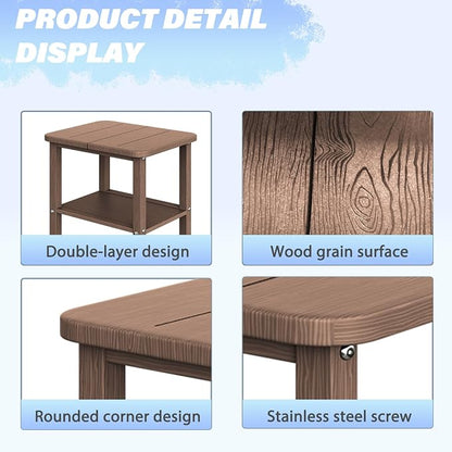 Ayge 17.7" Double Outdoor Side Table, Rectangular HDPE Adirondack End Table for Patio, Lawn, Pool, Garden, Backyard，Brown