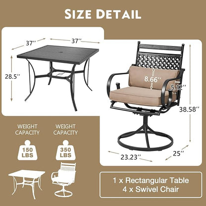MELLCOM 5 Pcs Patio Dining Sets, Outdoor Table Chair Set for 4 with Swivel Rocker Chairs and Square Metal Dining Table, Khaki