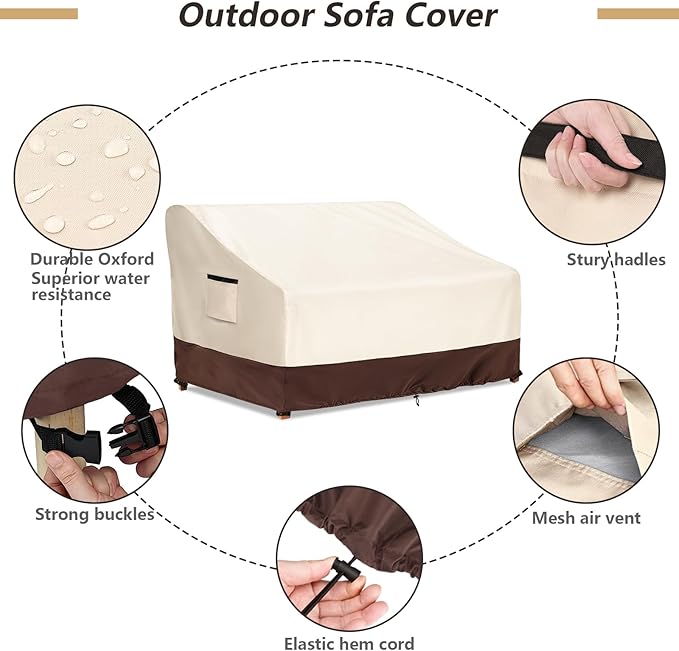 3-Seater Patio Sofa Cover, 600D Heavy Duty Waterproof Outdoor Sofa Covers, 79 W x 38 D x 35 H Inches Outdoor Couch Cover, Patio Furniture Covers, Lvory&Brown