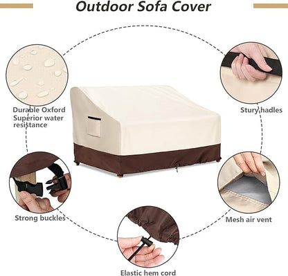 3-Seater Patio Sofa Cover, 600D Heavy Duty Waterproof Outdoor Sofa Covers, 85 W x 38 D x 35 H Inches Outdoor Couch Cover, Patio Furniture Covers, Lvory&Brown