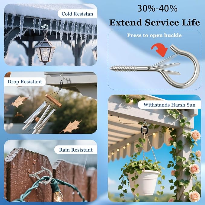 12 Pack Silver Screw Hooks with Safety Buckle - 2.3 Inch Rustproof Eye Ceiling Hooks for Hanging Plants,Outdoor String Lights,Baskets,Christmas Lights & Decor,40lb Capacity (12, Silver)