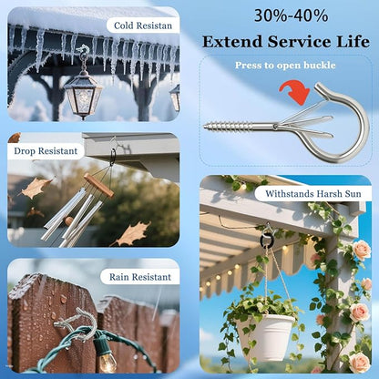 12 Pack Silver Screw Hooks with Safety Buckle - 2.3 Inch Rustproof Eye Ceiling Hooks for Hanging Plants,Outdoor String Lights,Baskets,Christmas Lights & Decor,40lb Capacity (12, Silver)
