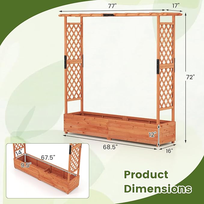 S AFSTAR 77-Inch Raised Garden Bed with Arch Trellis, Hanging Roof & Drainage Holes, Vertical Plant Container for Vine Climbing Plant Flower, Indoor Outdoor Wood Elevated Planter Box for Garden