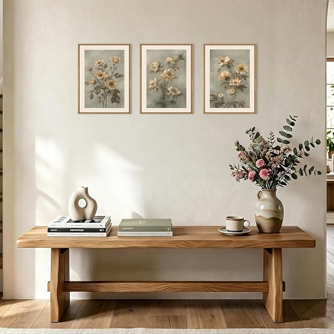 KAIRNE Vintage Botanical Flower Framed Canvas Wall Art Set,Boho Green Beige Floral Wall Decor,Rustic Wildflower Art Prints,Modern Minimalist Artwork for Living Room,Bedroom,Farmhouse,Office-12 x16 x3