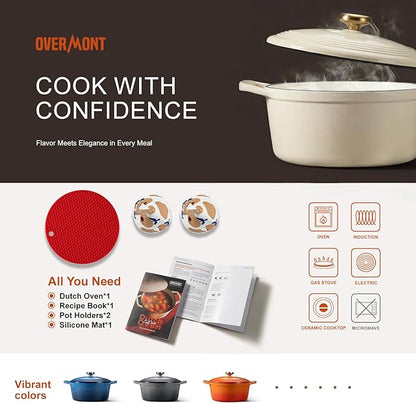 Overmont Enameled Cast Iron Dutch Oven - 5.5QT Pot with Lid Cookbook & Cotton Potholders - Heavy-Duty Cookware for Braising, Stews, Roasting, Sourdough Baking Cream White
