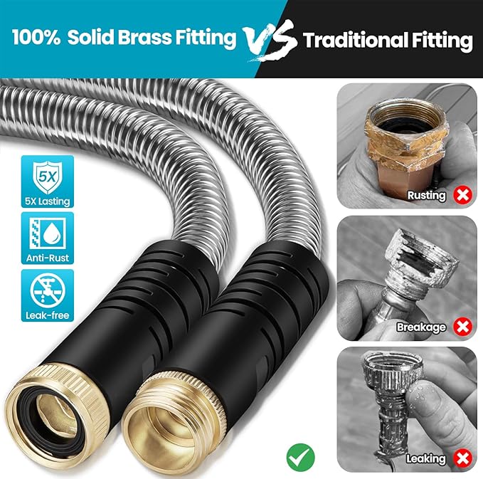 Garden Hose 100FT, Water Hose with 10 Function Nozzle, Garden Hose Metal with Leak-proof Connectors, No-Kink, Lightweight, Puncture-proof, Pet-proof, Sturdy, Hose for Outdoor, Yard