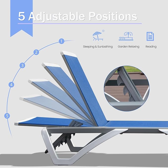 Domi Outdoor Chaise Lounge Chair, Aluminum Patio Lounge Chair with 5 Position Adjustable Backrest and Side Table, for Poolside, Beach, Yard(1 Blue Chair W/Table)