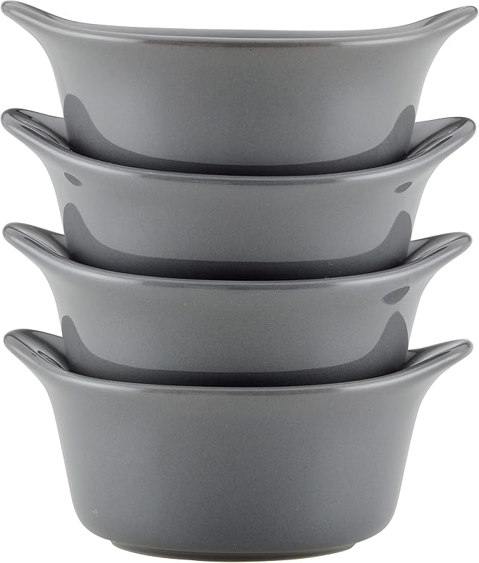 Rachael Ray Solid Glaze Ceramics Round Ramekins/Dipping Cup Set, 4 Piece, Gray