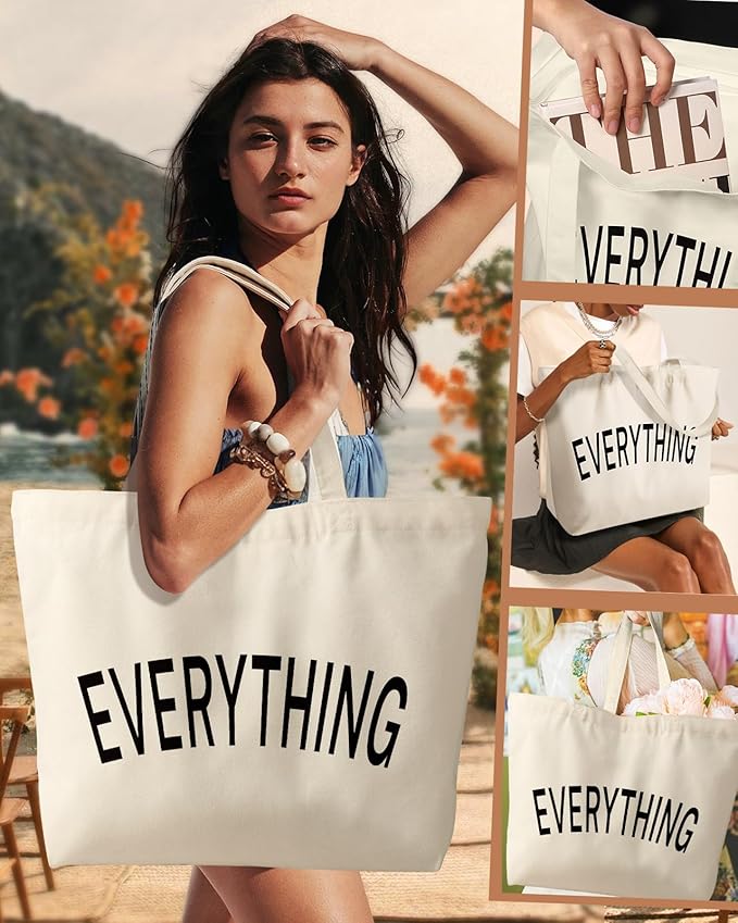 Miss Adola Large Tote Bag for Women - Canvas Tote Bag with Zipper Aesthetic Reusable Shoulder Bag for Gym, Travel, Work