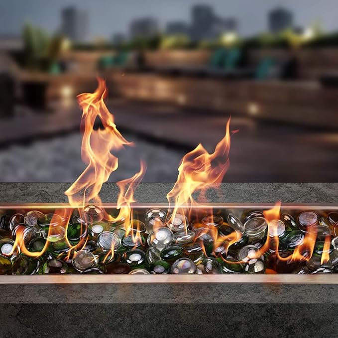 onlyfire 10 Pounds Fire Glass Beads for Propane Fire Pit and Gas Fireplace, 1/2 Inch Round Blended Firepit Glass Rocks Flat Marbles for Fire Pit Table, Emerald Green, Crystal Ice and Caramel Luster