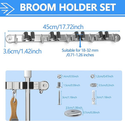 3-H Magnetic Broom Holder Wall Mount 1 Pack, 2-in-1 Dual Mount (No Drill or Screw Fix), 304 Stainless Steel Heavy Duty Magnet Mop Broom Organizer for Kitchen Garden Garage(4 Racks & 5 Hooks,Silver)