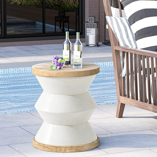 HOMPUS Unique Outdoor Concrete Side Table w Wood Grain Tabletop, Modern Vintage MgO Patio End Table, Lightweight Functional Small Accent Table for Indoor Outdoor Use, Garden, Deck, Poolside