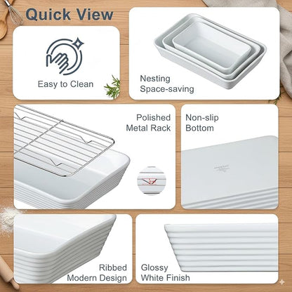 ONEMORE Baking Dishes for Oven, 9x13 Large Casserole Dishes for Oven with Roasting Racks, Rectangular Ceramic Baking Dish Set of 3 for Cooking & Serving, Deep Dish Lasagna Pan (3QT/2.1QT/1.3QT)